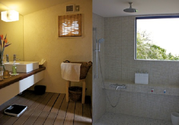 A bathroom where you can take a shower while looking out at the sea.