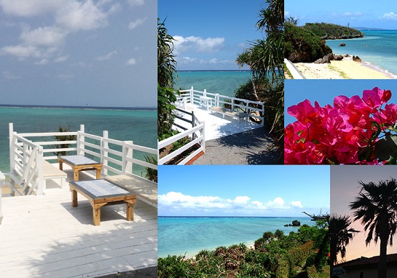 White balcony in front of the beach in Nakijin