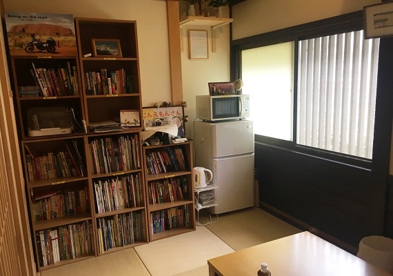 Bookshelf with travel books and refrigerator