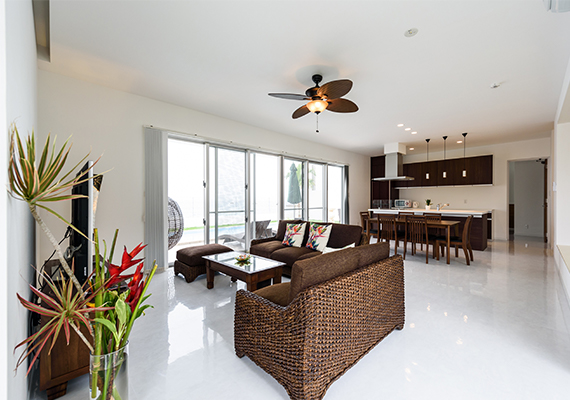 Bright and large living-dining space in white tones