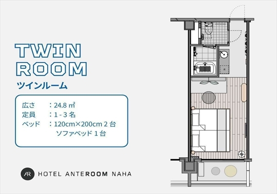 【好萊塢雙床房型】 小型雙人床 x 2張 + 沙發床 x 1張 / 有浴缸・房間有陽台＜24.8平方米＞