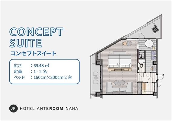【限一室】大床 2張 / 觀景浴室 / 附露天陽台 ◆＜69.48平方公尺＞