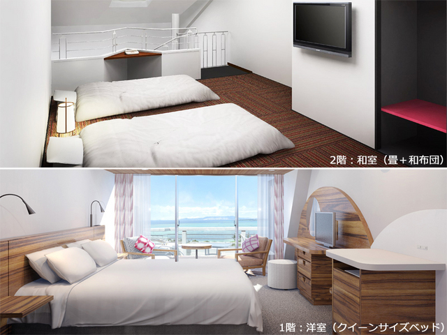 Ocean maisonette on the top floor (Japanese-Western style room / non-smoking)
The first floor: Western-style room (king bed)
The second floor: Japanese-style room (tatami mats + futons)