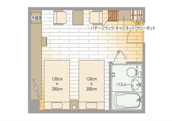 A twin room, indoor layout