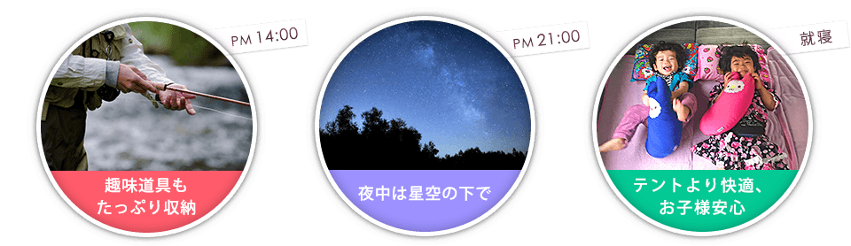 趣味道具もたっぷり収納・夜空は星空の下で・テントより快適、お子様安心