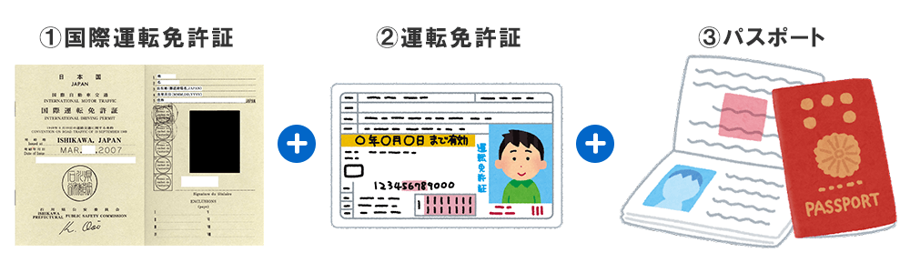 国際運転免許証+運転免許証+パスポート